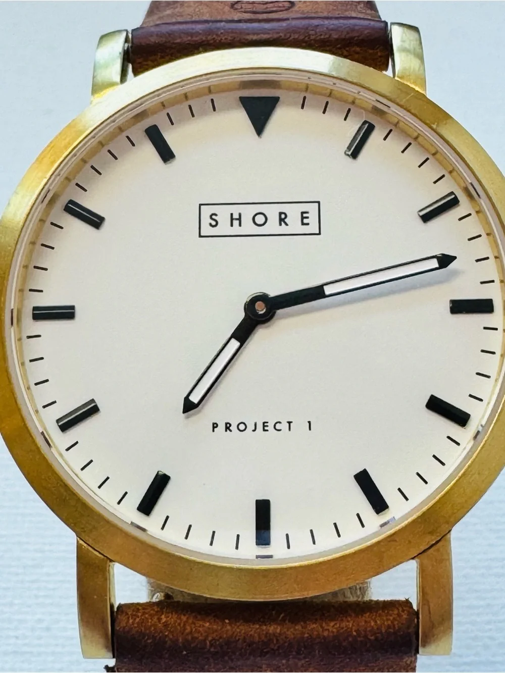 SHORE Projects POOLE Sapphire Crystal 39mm Men's Gold White Watch Brown Leather
